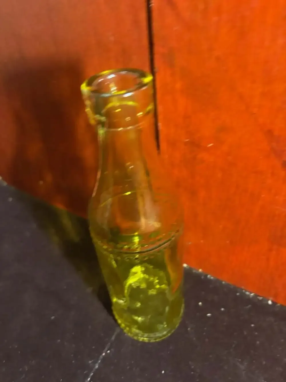 Vintage Yellow Green Glass Bottle with Beaded Embossed Accent